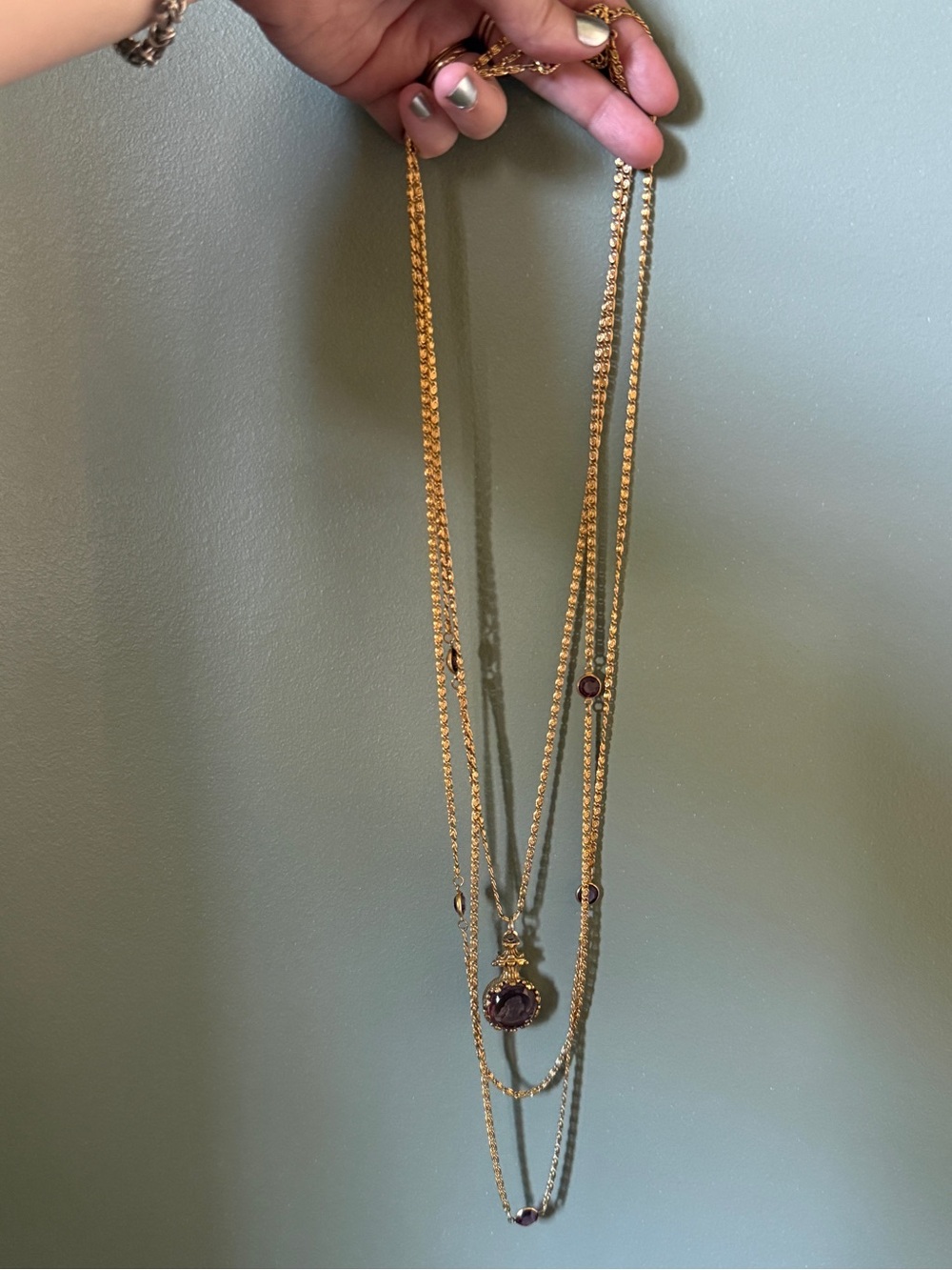 Vintage Gold Tone and Glass Tri-Tiered Necklace